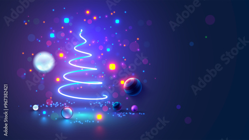 Christmas tree on Christmas poster in electronic technology style. New year, merry christmas congratulations card in computer tech design. Template Christmas cards in style of digital technology.