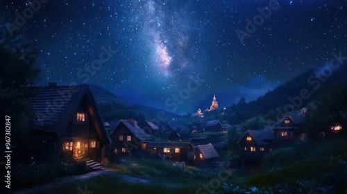Wallpaper Mural A peaceful village under a starlit sky, with the Milky Way visible above and faint lights in the windows. - Torontodigital.ca