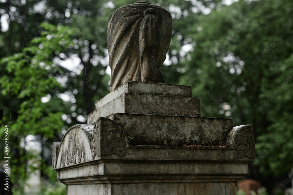 Obraz premium Background shot of ancient sculptured gravestone monument from Victorian era weathered over time and covered with dirt serving as lasting memorial to passed away in rainy graveyard, copy space