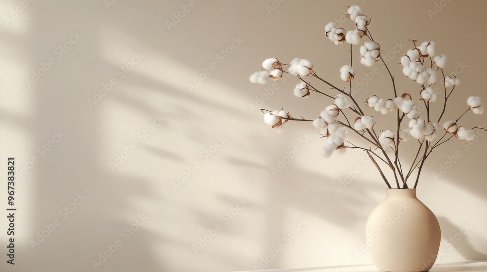 A stylish photograph of cotton branches in a modern interior setting. A stylish photograph of cotton branches in a modern interior setting.
