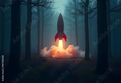 Concept of start-up. A retro-style rocket launches into the sky, surrounded by a dense, misty forest photo