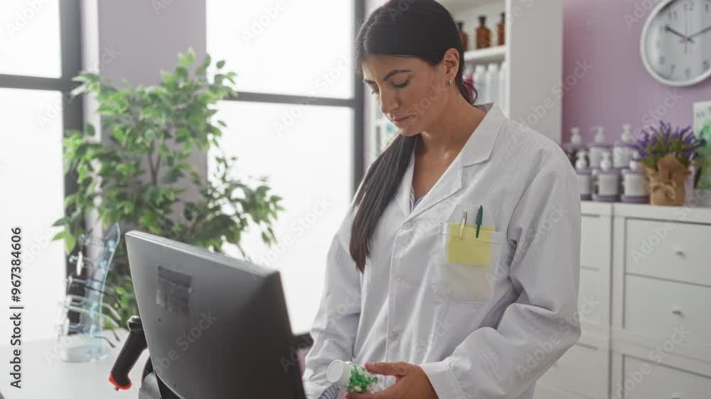 A young hispanic woman pharmacist works in a pharmacy, wearing a white lab coat and reviewing medication bottles on a computer while indoors in a well-lit drugstore room. A young hispanic woman pharmacist works in a pharmacy, wearing a white lab coat and reviewing medication bottles on a computer while indoors in a well-lit drugstore room.