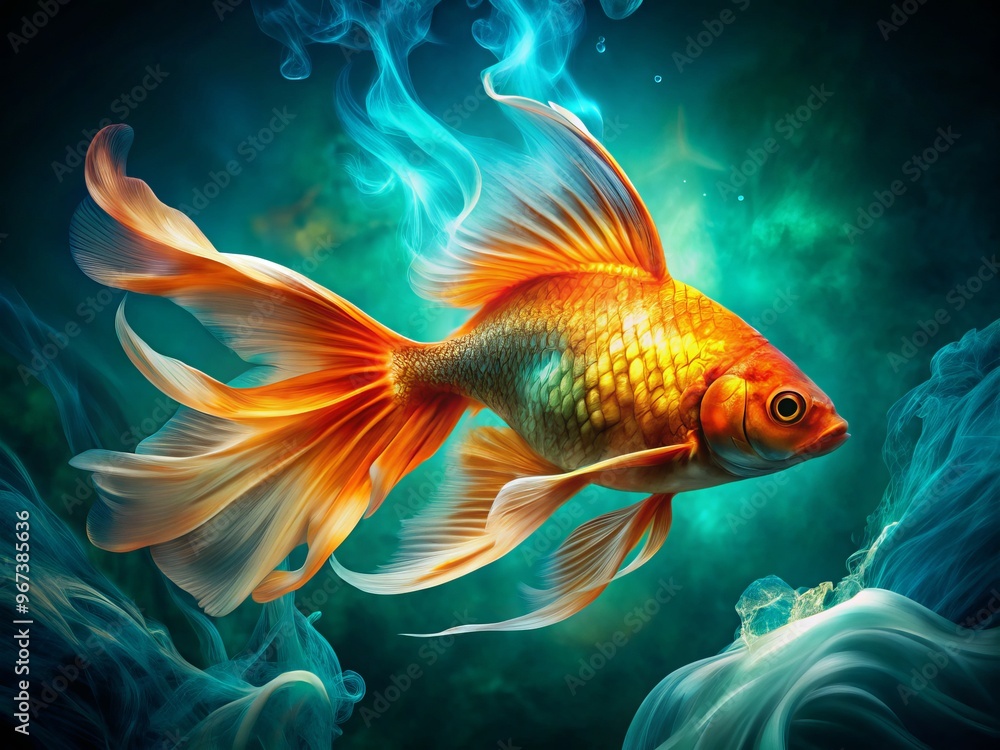 A majestic, orange-scaled fish with flames dancing across its fins and tail, swimming through a swirl of turquoise water and rising smoke. A majestic, orange-scaled fish with flames dancing across its fins and tail, swimming through a swirl of turquoise water and rising smoke.