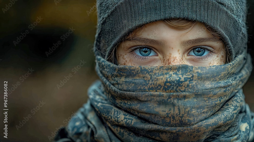 Young Boy in Winter Gear, Looking Out From Under a Scarf Young Boy in Winter Gear, Looking Out From Under a Scarf