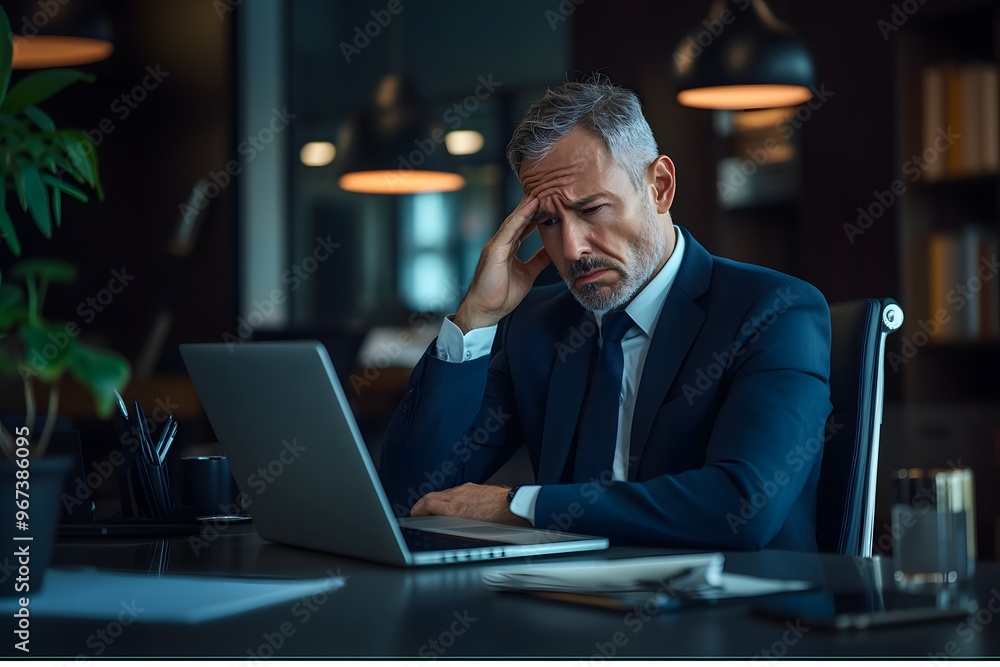 Mature businessman looking stressed while working on laptop Mature businessman looking stressed while working on laptop