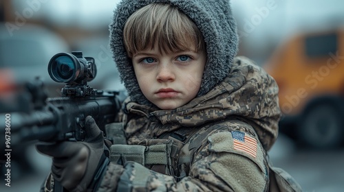 Young Boy in Military Gear Holding a Rifle