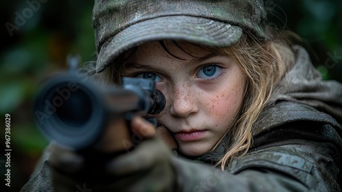 Young Girl Aiming With a Rifle in the Forest