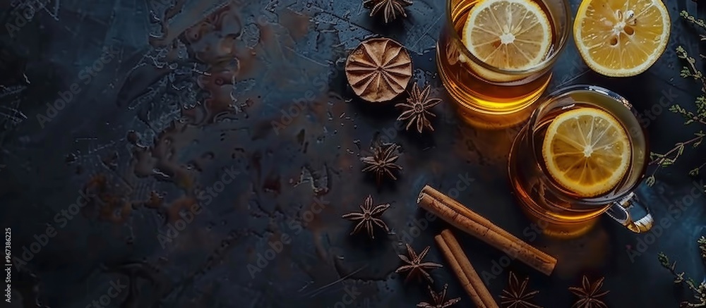 hot whiskey with lemon, honey and spices. On a dark background hot whiskey with lemon, honey and spices. On a dark background