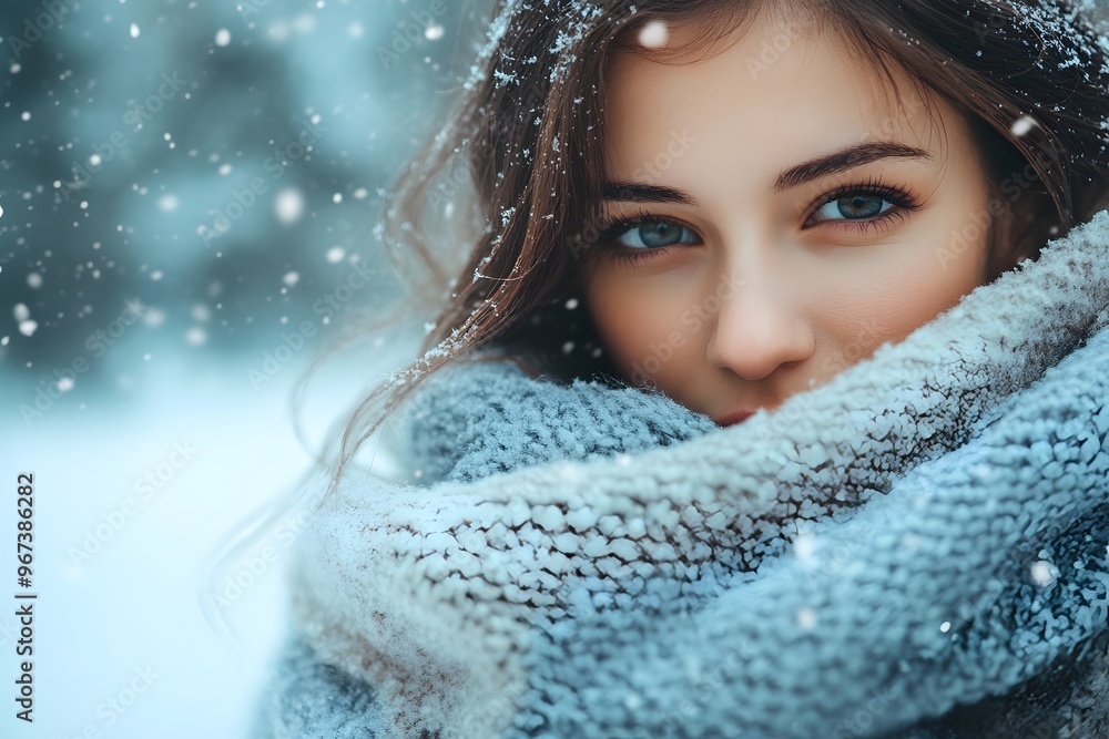 Winterliches Porträt einer Frau mit Schal im Schnee Winterliches Porträt einer Frau mit Schal im Schnee