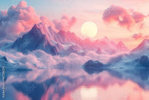 surreal 3d landscape with impossible geometric shapes floating in a pastelhued sky blending organic and artificial forms seamlessly