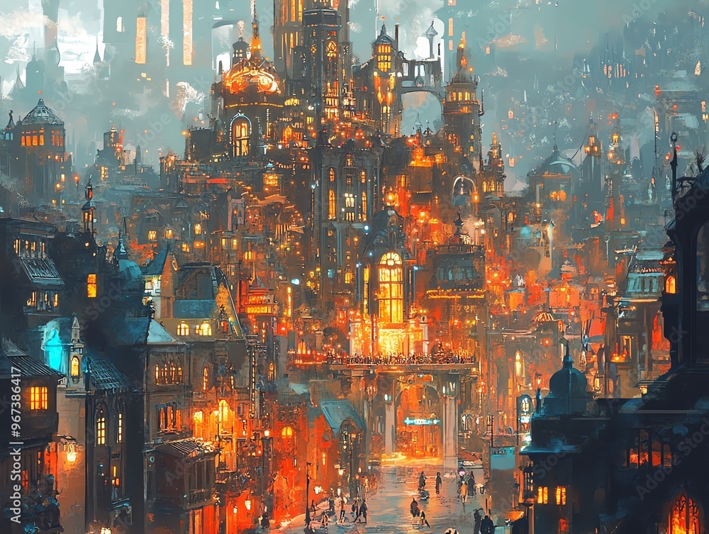 Front view of a bustling city transformed by magical elements Front view of a bustling city transformed by magical elements