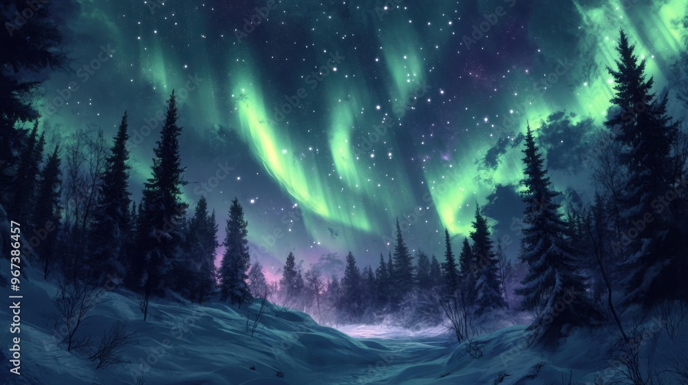The Northern Lights illuminating a snowy forest, with green and purple colors dancing across the night sky. The Northern Lights illuminating a snowy forest, with green and purple colors dancing across the night sky.