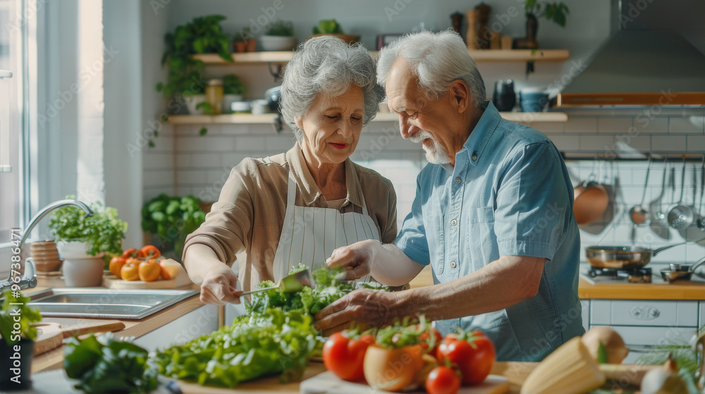 Happy senior couple laughing inside kitchen while preparing healthy lunch together - Elderly people lifestyle and food concept - Models by AI generative. Happy senior couple laughing inside kitchen while preparing healthy lunch together - Elderly people lifestyle and food concept - Models by AI generative.