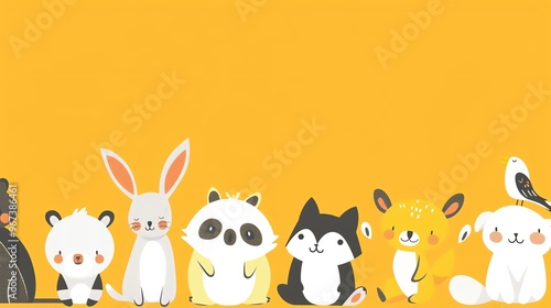 A seamless pattern of cute cartoon animal faces on a yellow background.