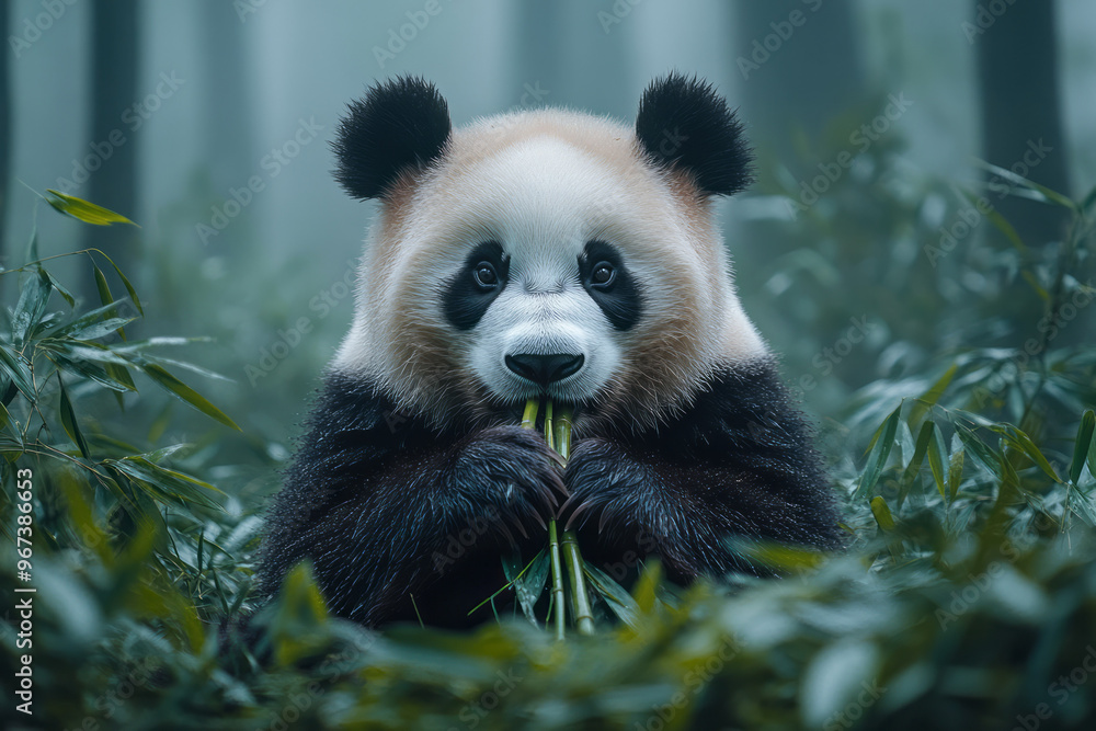 Obraz premium A platinum and emerald panda sitting and eating bamboo,