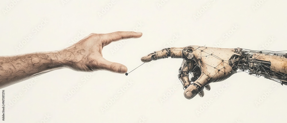 Obraz premium A human hand reaching toward a robotic hand, symbolizing the connection between technology and humanity.