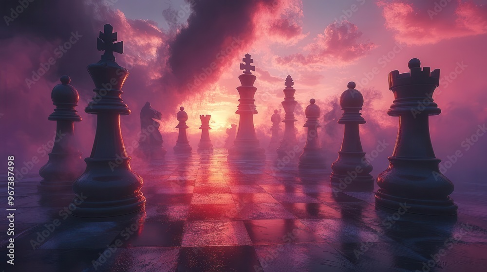 surreal chess landscape with oversized magenta pieces casting long shadows dreamlike atmosphere with swirling mist surreal chess landscape with oversized magenta pieces casting long shadows dreamlike atmosphere with swirling mist