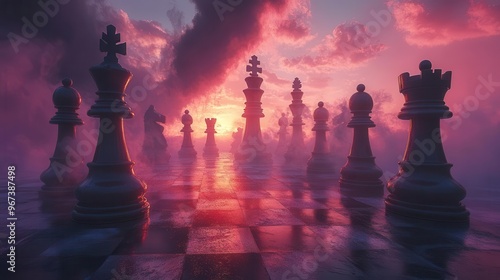 surreal chess landscape with oversized magenta pieces casting long shadows dreamlike atmosphere with swirling mist