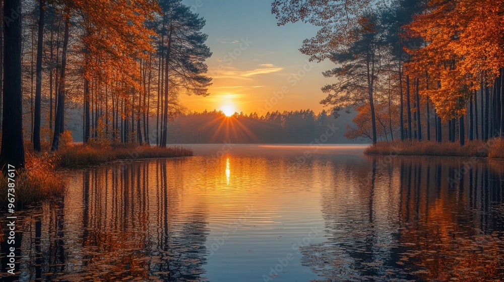 autumn sunset over calm lake surrounded by trees and reflections on water autumn sunset over calm lake surrounded by trees and reflections on water