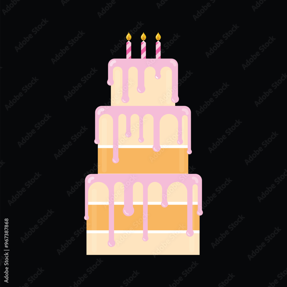 Birthday three tier cake with cream decoration and three candles on top. Party cake festival symbol icon. Vector illustration. Birthday three tier cake with cream decoration and three candles on top. Party cake festival symbol icon. Vector illustration.