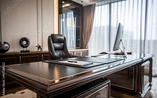 A photo of a luxurious modern executive office desk with a shiny finish.