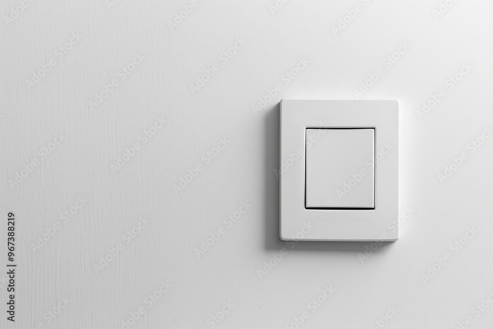 White light switch on white painted wall. Square shaped rocker switch paddle. Simplicity light switch box in Interior, gateway to illumination. Hit the lights. Saving electrical energy. Copy Space White light switch on white painted wall. Square shaped rocker switch paddle. Simplicity light switch box in Interior, gateway to illumination. Hit the lights. Saving electrical energy. Copy Space