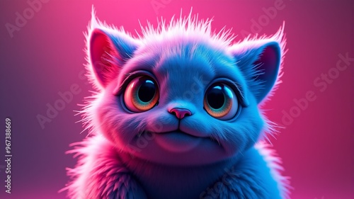 a strange pink and blue cat with yellow eyes on a pink background