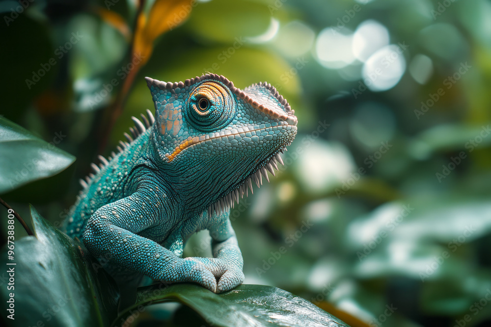 Fototapeta premium A silver and emerald chameleon changing colors,