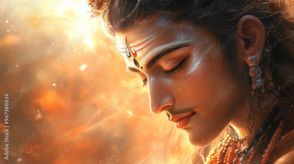 Close-up of a magical, charming depiction of Lord Shiva, with serene expression and divine aura, radiating power and peace. Close-up of a magical, charming depiction of Lord Shiva, with serene expression and divine aura, radiating power and peace.