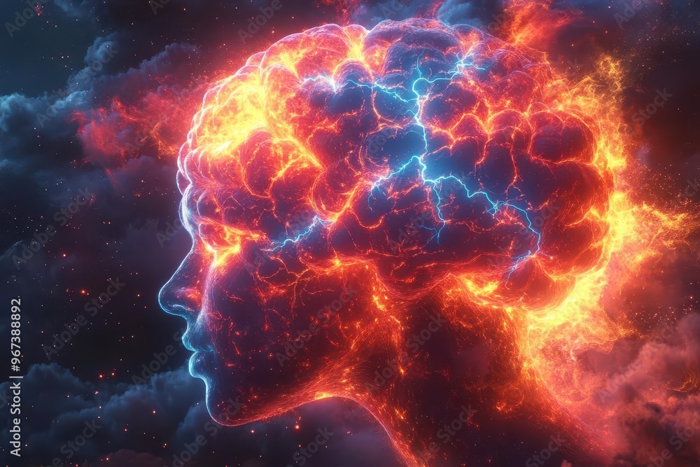 surreal digital illustration of a glowing brain emitting vibrant colorful lightning bolts against a dark background symbolizing cognitive power and creativity surreal digital illustration of a glowing brain emitting vibrant colorful lightning bolts against a dark background symbolizing cognitive power and creativity