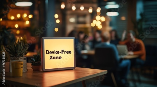 Cozy cafe with device-free zone sign encouraging in-person interaction