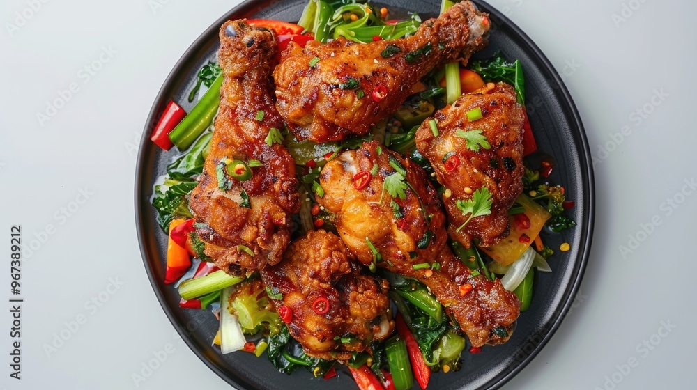 Fototapeta premium Chinese style fried chicken with vegetables on black plate in white background Close up