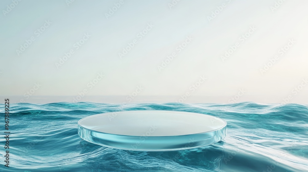 Transparent glass podium with water ripples, ocean waves. Pedestal stage for skincare product presentation. Refreshing scene for advertising, sale promotion background.