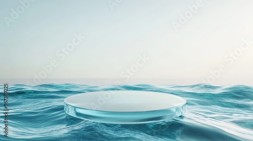 Obraz na płótnie Transparent glass podium with water ripples, ocean waves. Pedestal stage for skincare product presentation. Refreshing scene for advertising, sale promotion background. w salonie