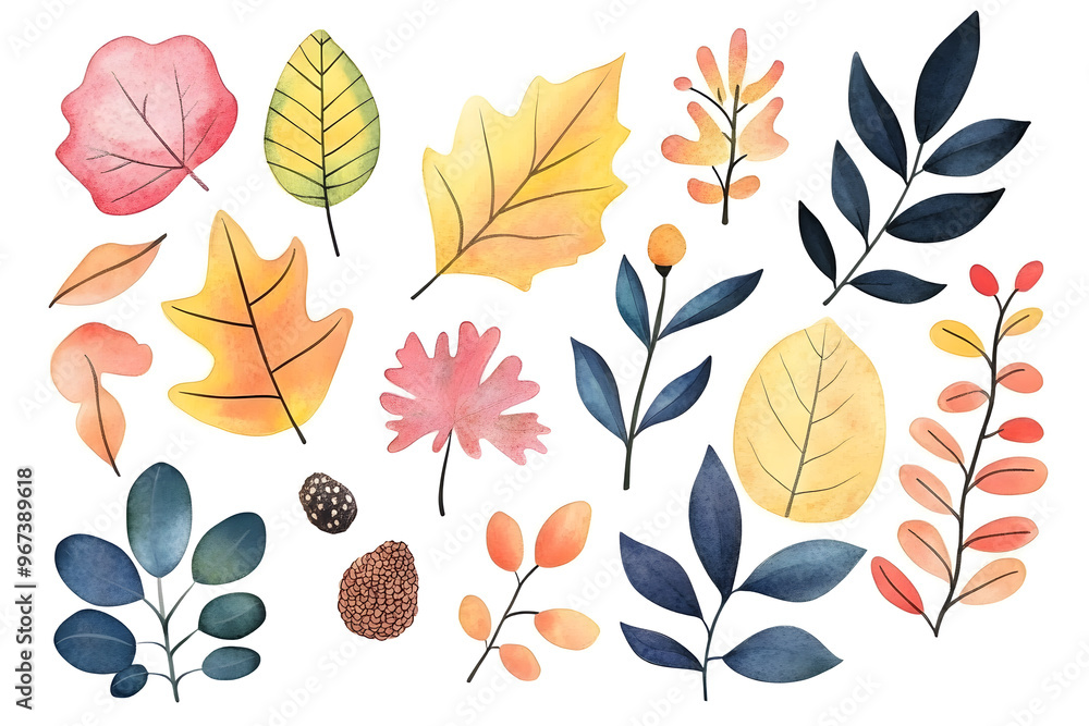 Hand drawn autumn collection of colorful plants and leaves isolated on white background Hand drawn autumn collection of colorful plants and leaves isolated on white background
