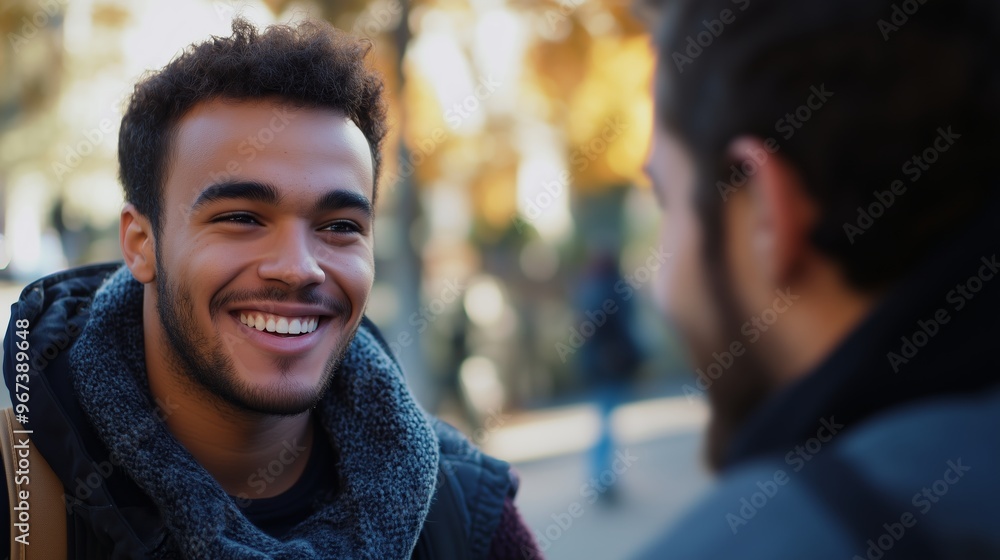 Two friends engage in a cheerful conversation outdoors during a sunny autumn day in a city park
