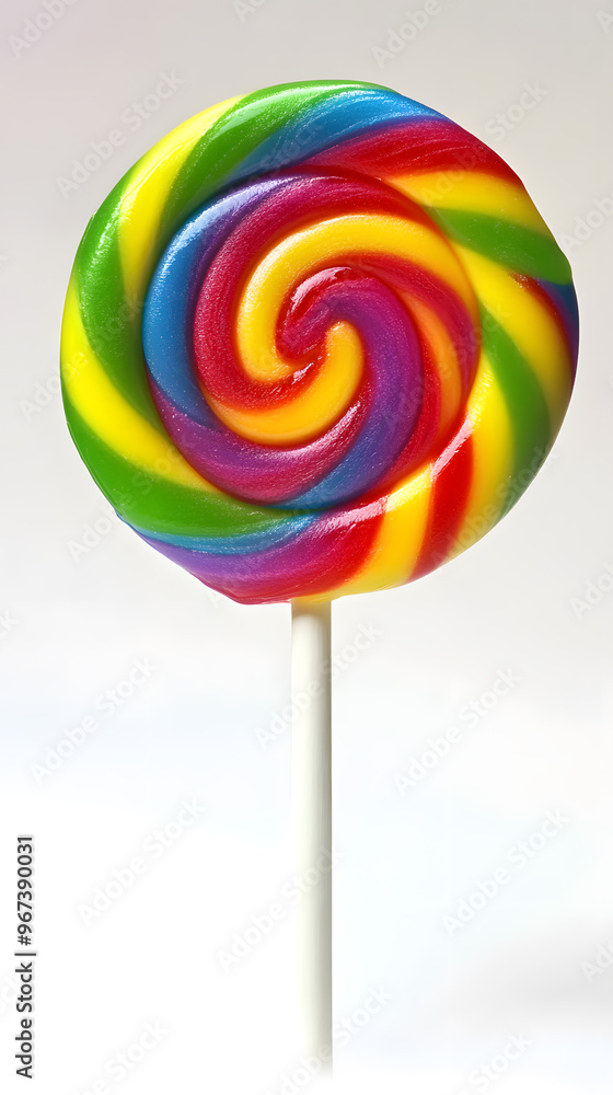 Lollipop with spiral rainbow colors, twisted sucker candy on stick isolated on white background Lollipop with spiral rainbow colors, twisted sucker candy on stick isolated on white background