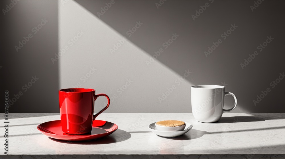 Fototapeta premium Generative AI, A minimalist image of a red mug and white plate on a black surface