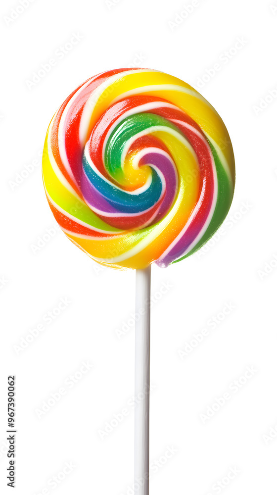 Lollipop with spiral rainbow colors, twisted sucker candy on stick isolated on white background Lollipop with spiral rainbow colors, twisted sucker candy on stick isolated on white background