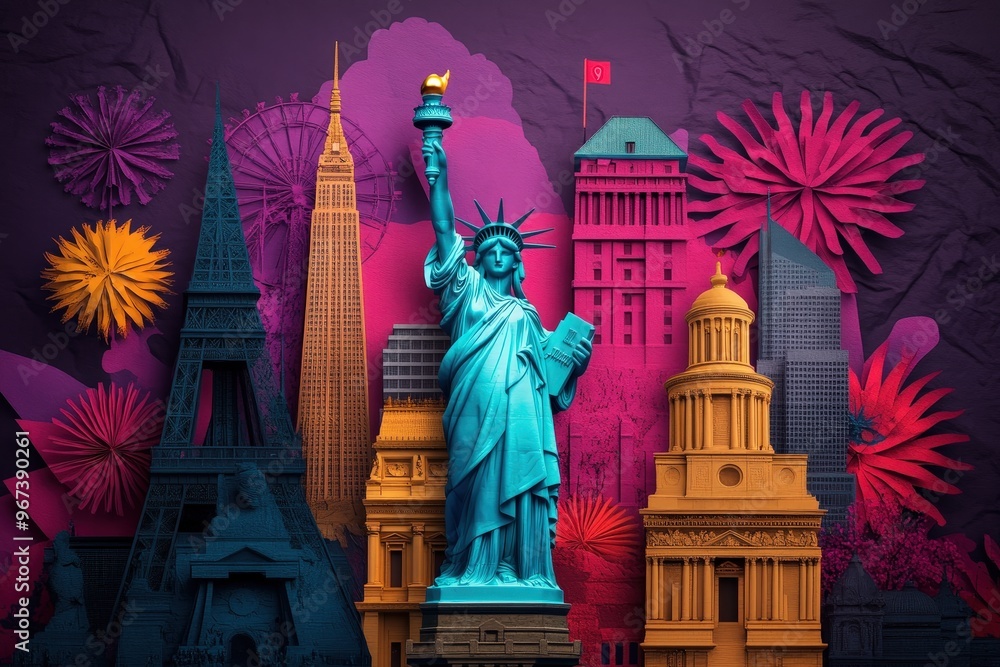 Fototapeta premium A vibrant and artistic depiction showcasing famous global landmarks including the Statue of Liberty and Eiffel Tower against a colorful background of neon hues and fireworks.
