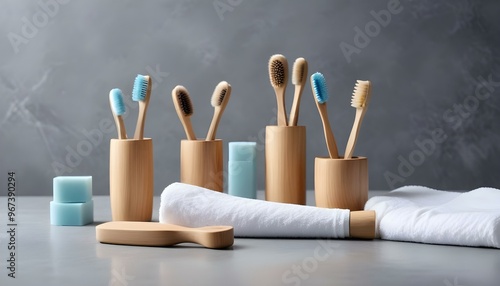 Eco toothbrushes. Bamboo toothbrushes cup, natural soap, plastic free ear sticks, wooden hair brush and white towels on gray stone background