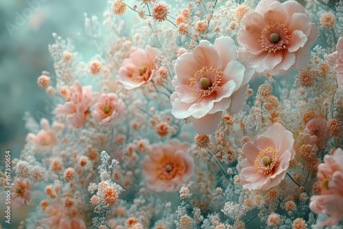 surreal dreamscape merging organic and mechanical elements floating gears intertwine with ethereal flowers creating a mesmerizing blend of nature and technology in a soft pastelhued world