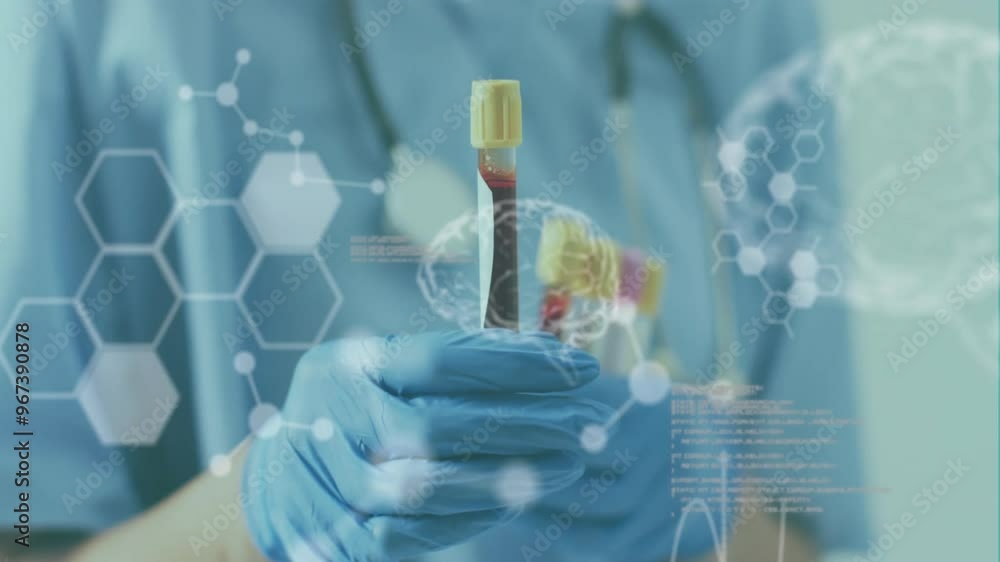 Animation of data processing with brains and molecules over caucasian doctor holding vial in lab Animation of data processing with brains and molecules over caucasian doctor holding vial in lab