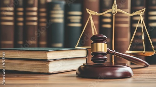 Legal gavel and scales on a desk with books. photo