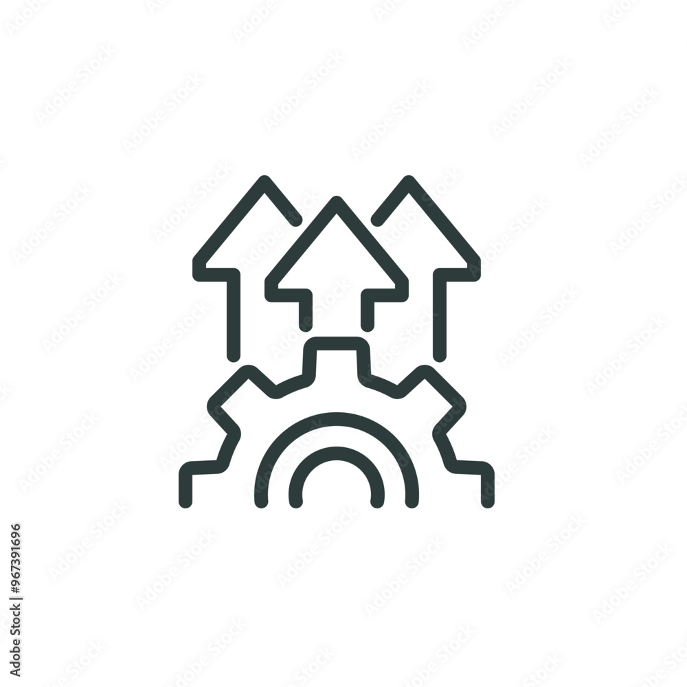 Implement process optimize, tech efficient production, innovation industrial technology outline icon. Line sign gear and three arrows. Vector isolated pictograms on white background editable stroke. Implement process optimize, tech efficient production, innovation industrial technology outline icon. Line sign gear and three arrows. Vector isolated pictograms on white background editable stroke.