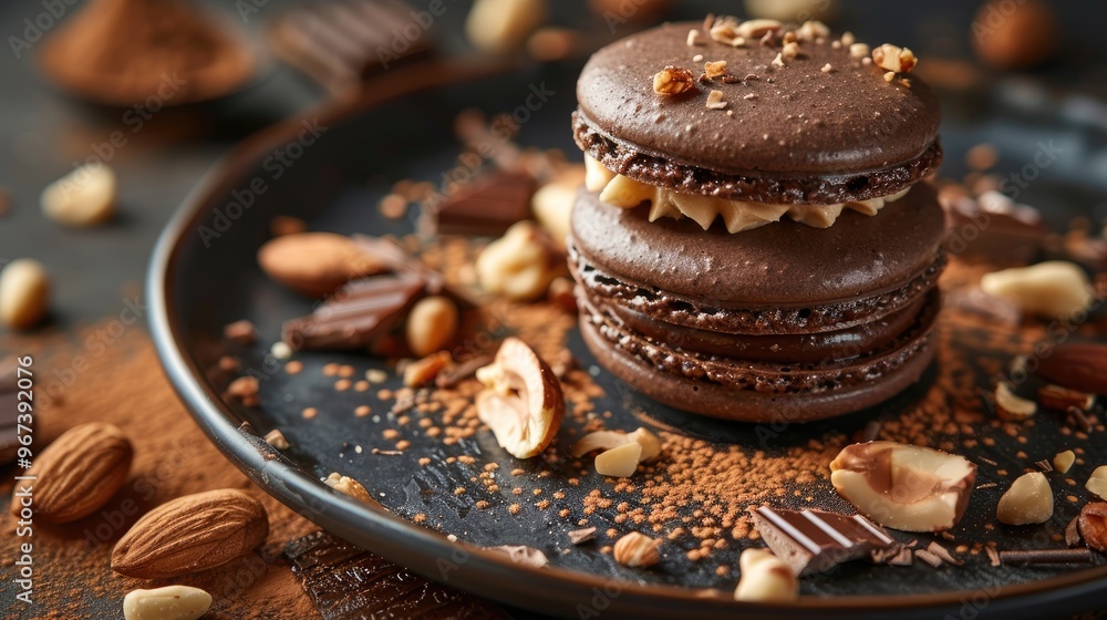Chocolate macaron with nuts and chocolate on a dark plate Chocolate macaron with nuts and chocolate on a dark plate