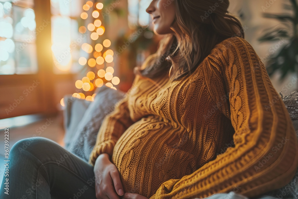 Portrait of young expecting mother holding baby in pregnant belly generative AI Portrait of young expecting mother holding baby in pregnant belly generative AI