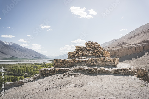 Buddhist stupa Vrang in Pamir highlands in Tajikistan, religious monument of 5th century made of stones photo