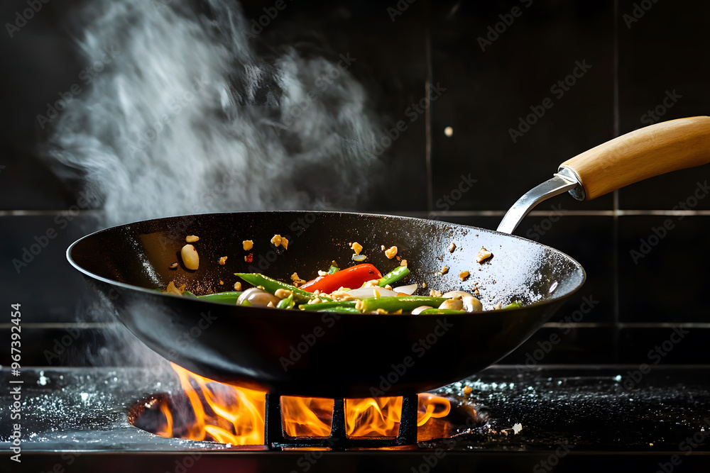 Closeup of chef throwing vegetables from wok pan in fire Closeup of chef throwing vegetables from wok pan in fire