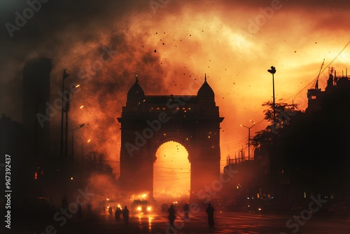 Fototapeta Naklejka Na Ścianę i Meble -  A city street with a large archway in the middle